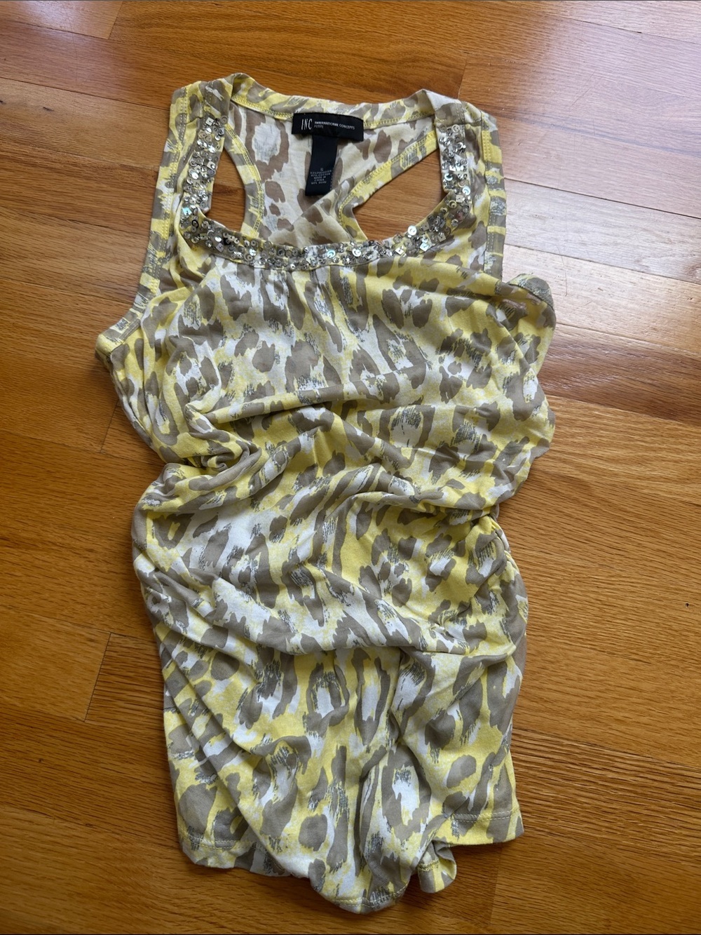 Inc ruched yellow leopard sequin tank